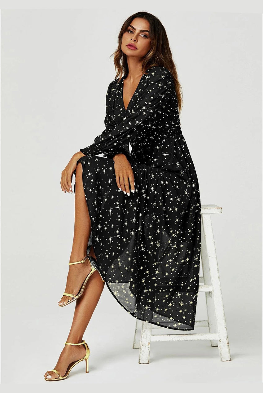 Gold Star Foil Long Sleeve Maxi Dress In Black FS629-BlackStar