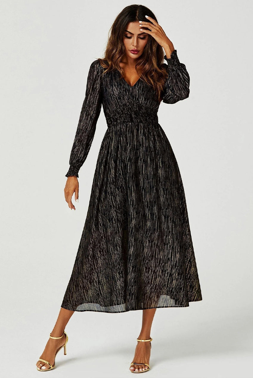 Gold Stripe Foil Long Sleeve Maxi Dress In Black FS629-BlackStripe