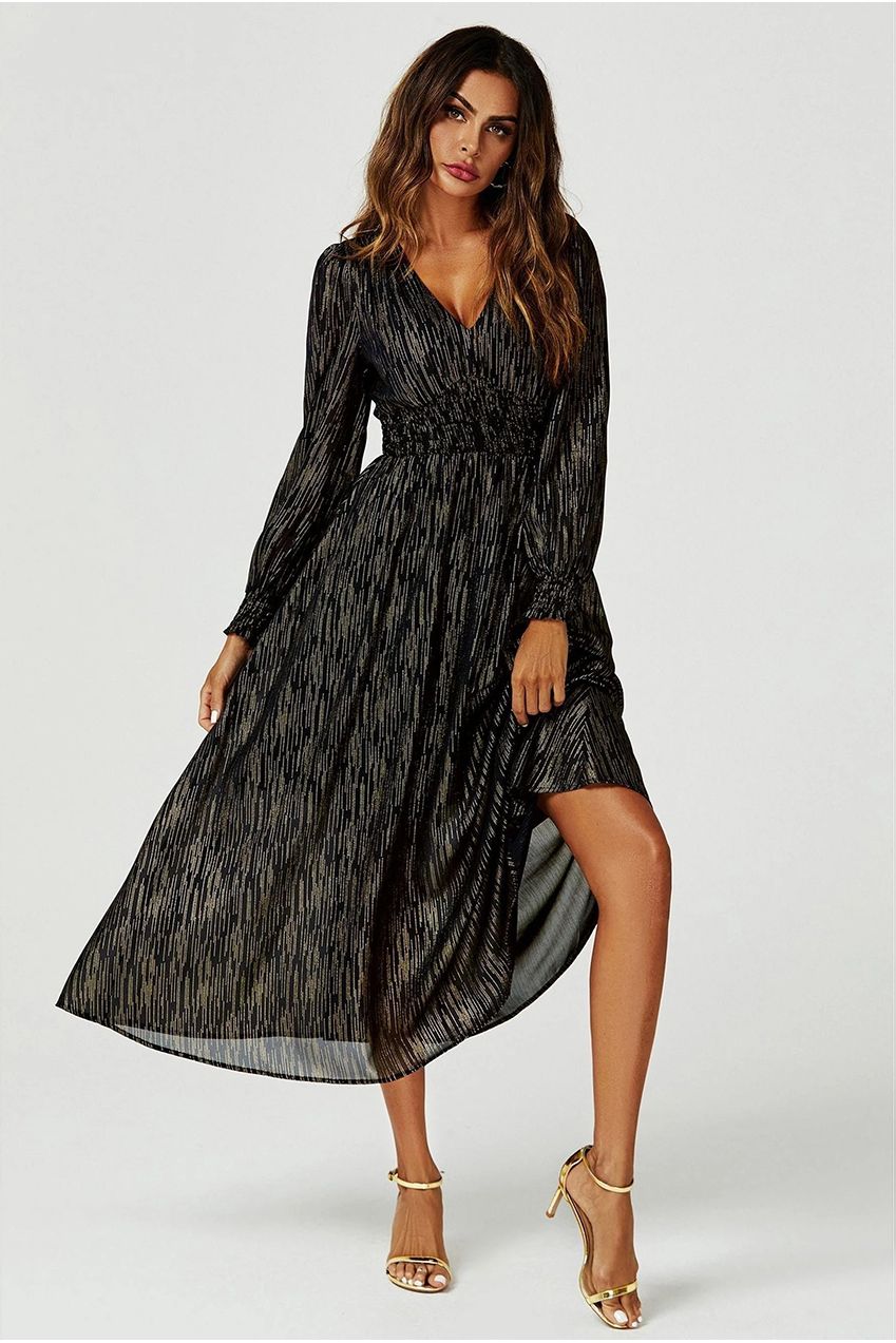 knee length dresses for ladies Empire Waist Long Sleeve Chiffon Midi Evening Dress main image 0