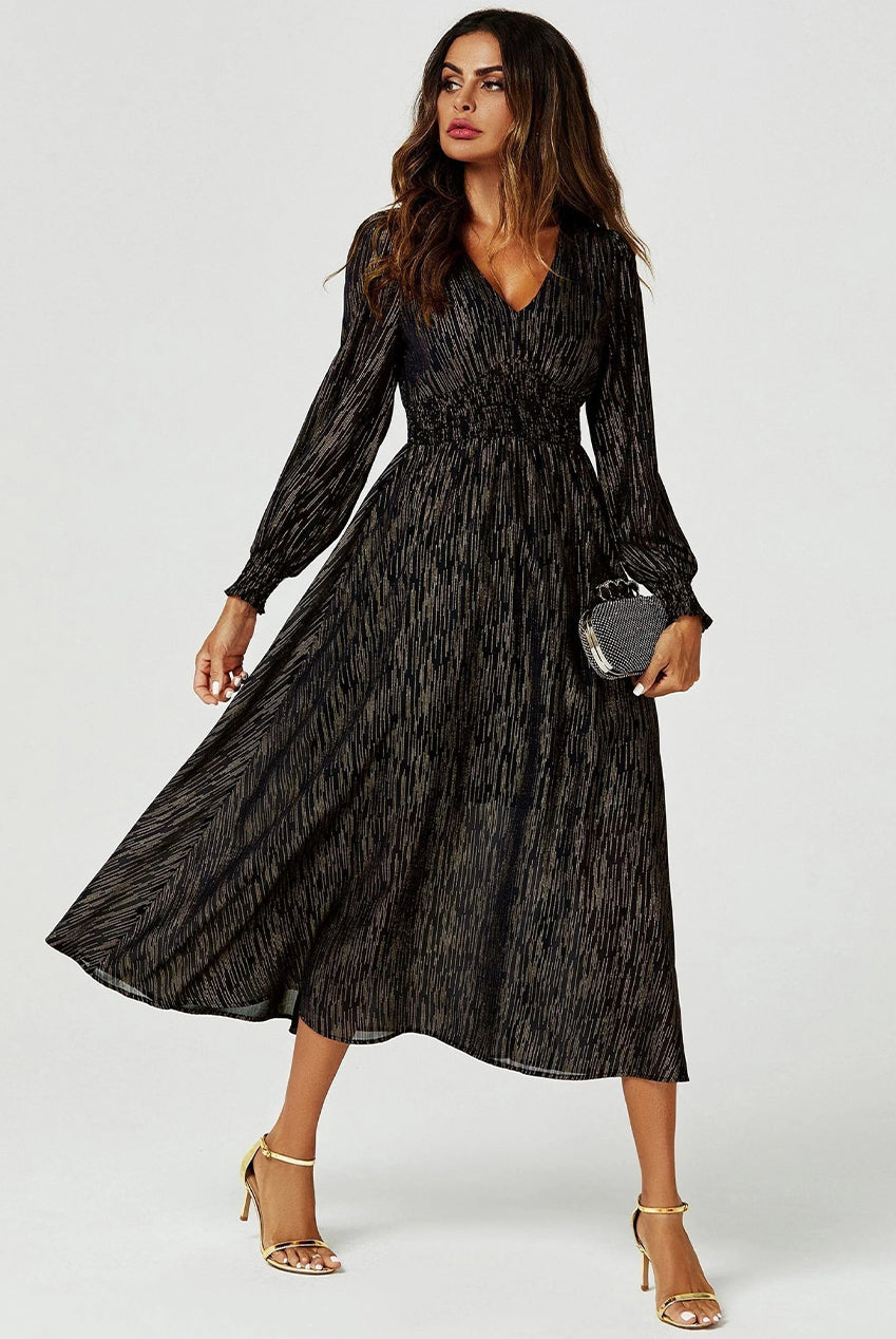 Gold Stripe Foil Long Sleeve Maxi Dress In Black FS629-BlackStripe