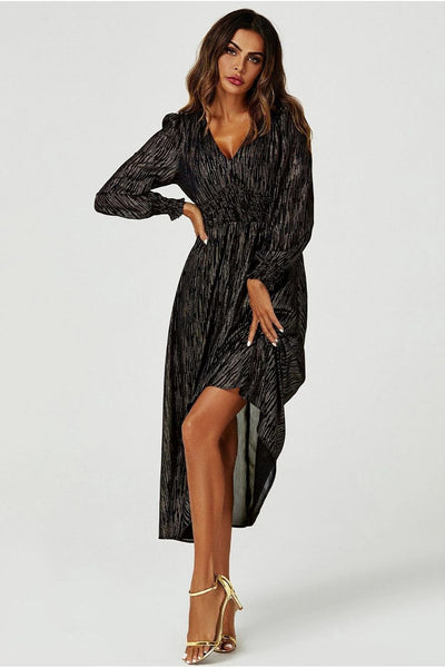 Gold Stripe Foil Long Sleeve Maxi Dress In Black by FS Collection