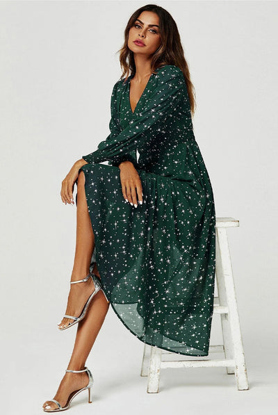 Green - Silver Star Foil Long Sleeve Maxi Dress In Green by FS Collection