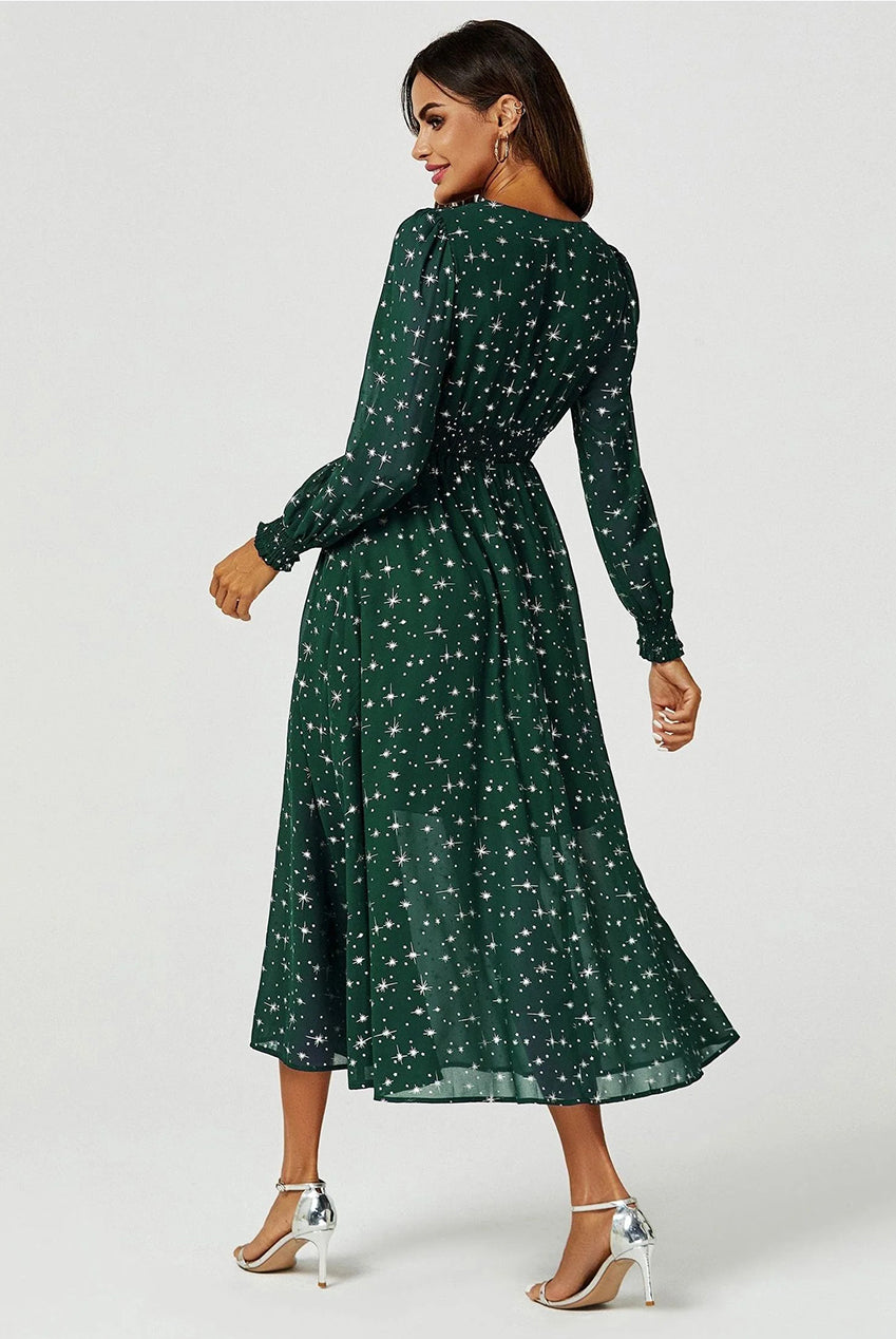 Silver Star Foil Long Sleeve Maxi Dress In Green FS629