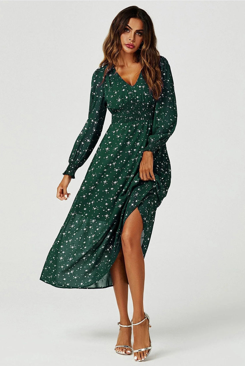 Silver Star Foil Long Sleeve Maxi Dress In Green FS629