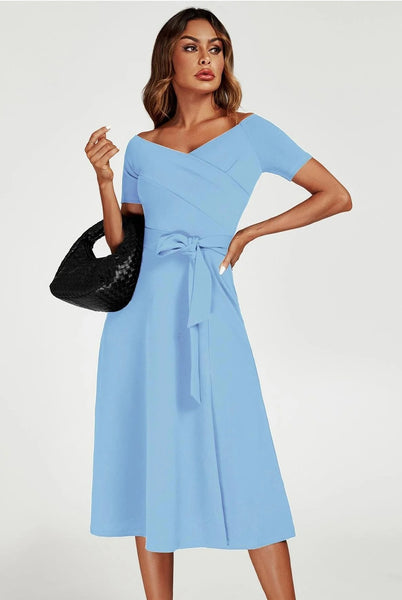 Bardot Midi Dress In Light Blue | Goddiva Bardot Midi Dress In Light Blue | Goddiva