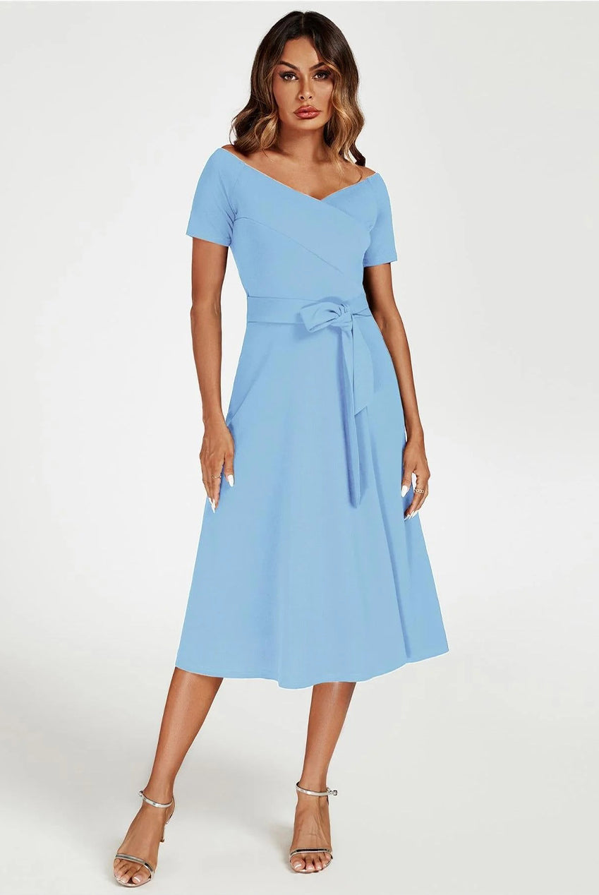 Bardot Midi Dress In Light Blue | Goddiva Bardot Midi Dress In Light Blue | Goddiva