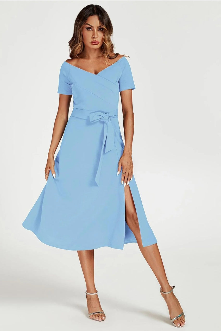 pale blue bardot dress Bardot Crepe Bridesmaid Dress