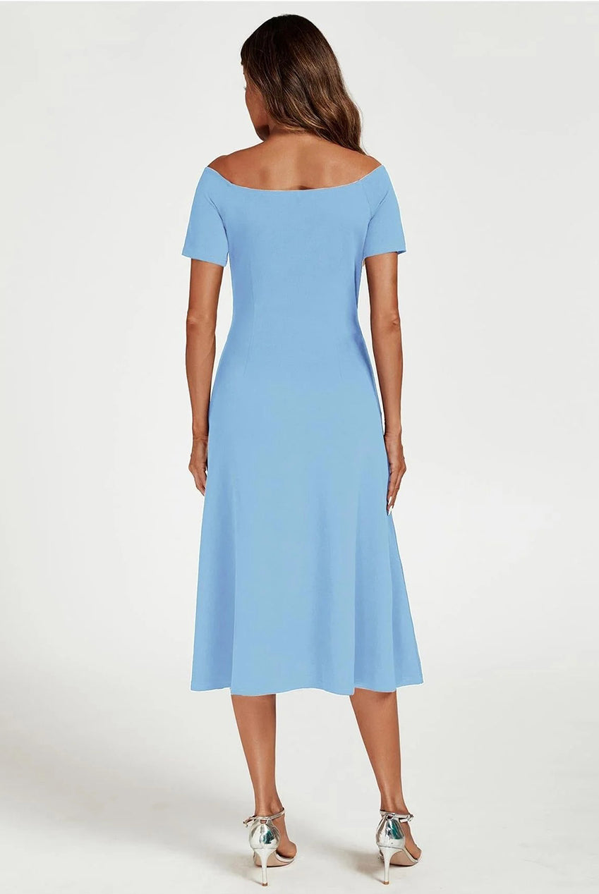 Bardot Midi Dress In Light Blue | Goddiva Bardot Midi Dress In Light Blue | Goddiva