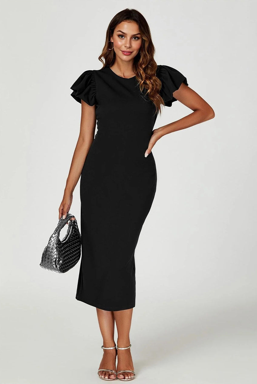 Volume Sleeve Bodycon Midi Dress In Black FS770