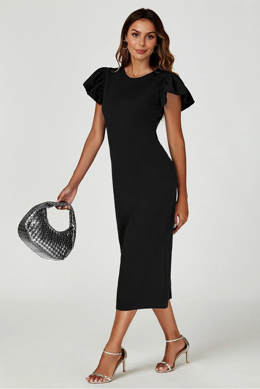 Volume Sleeve Bodycon Midi Dress In Black FS770