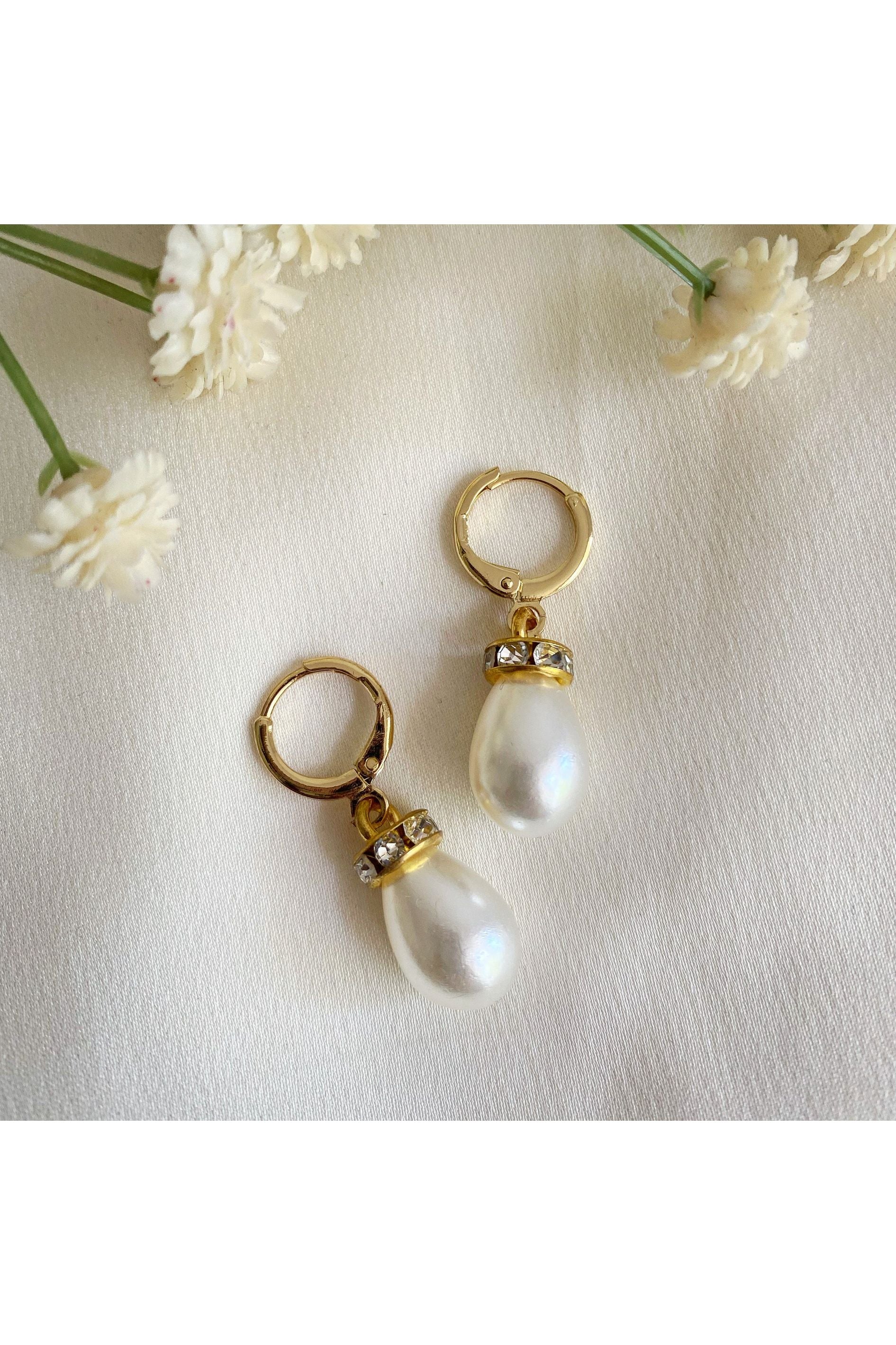 Faux Pearl Teardrop Huggie Hoop Earrings PEARLER01