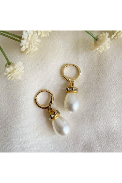 Faux Pearl Teardrop Huggie Hoop Earrings PEARLER01