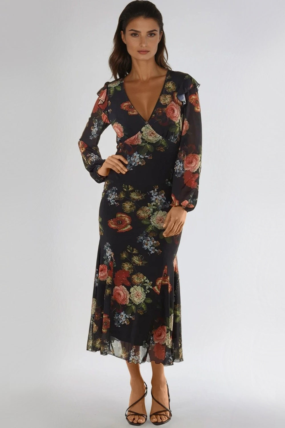 Black Floral V Neckline Midi Dress ALNL234860003