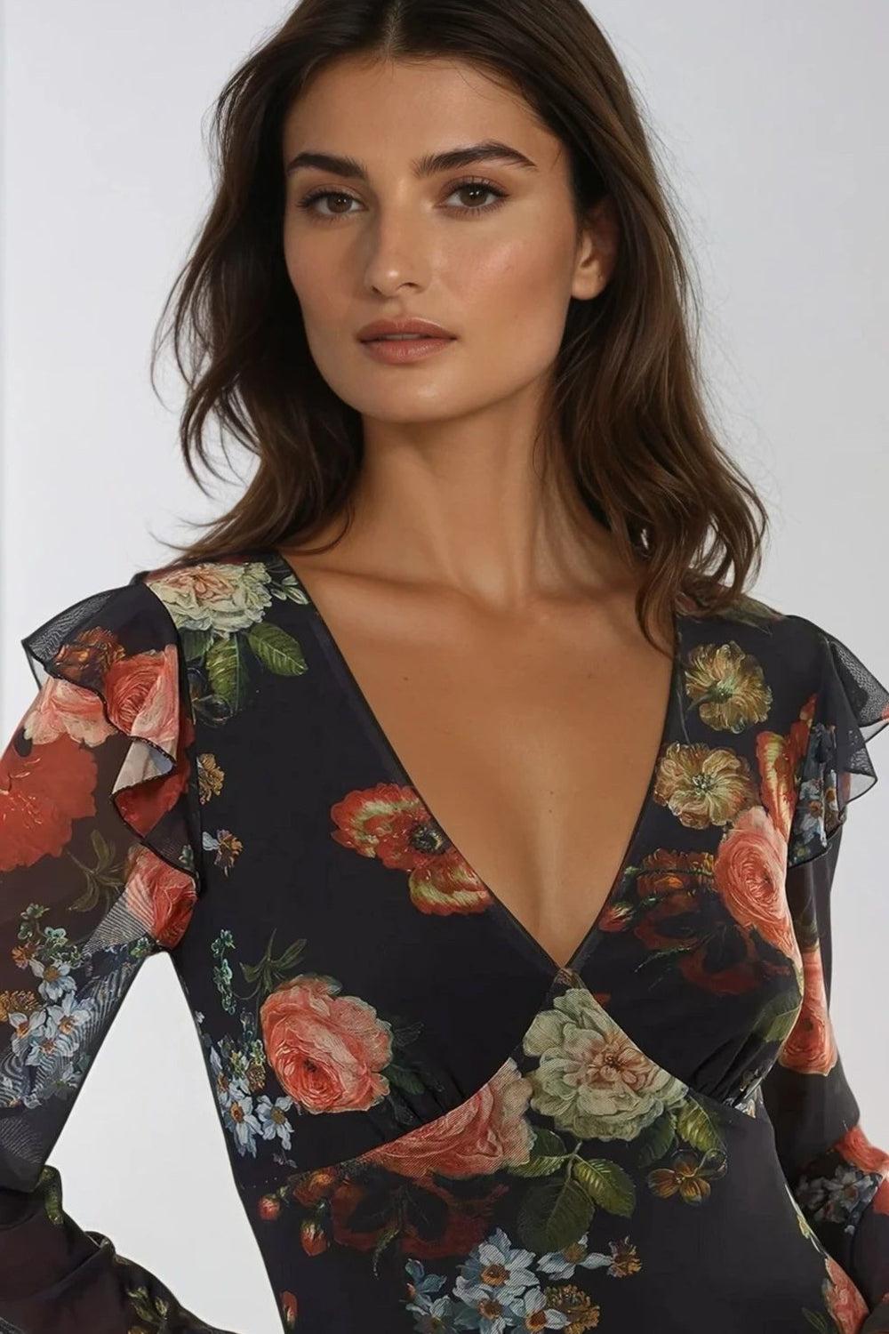 Black Floral V Neckline Midi Dress ALNL234860003