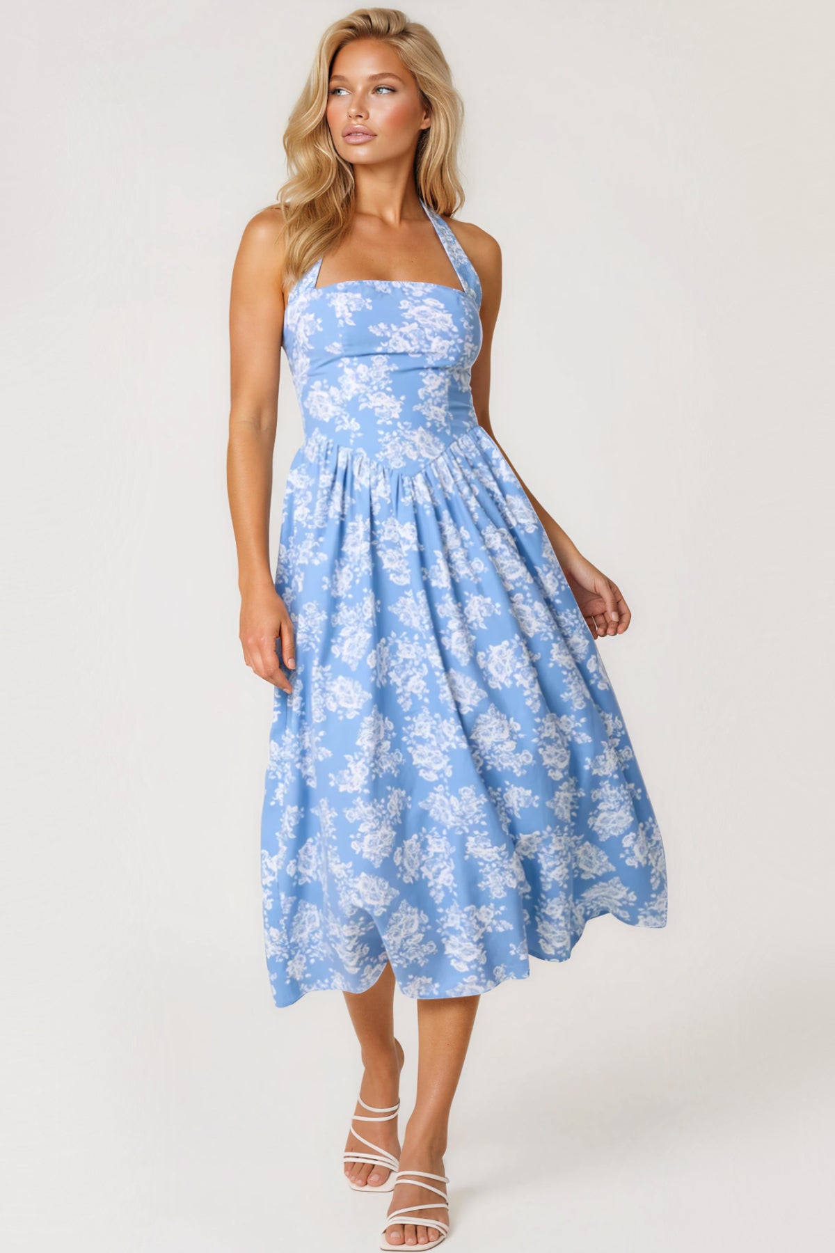 Blue Floral Halterneck Midi Dress ALNL269881002