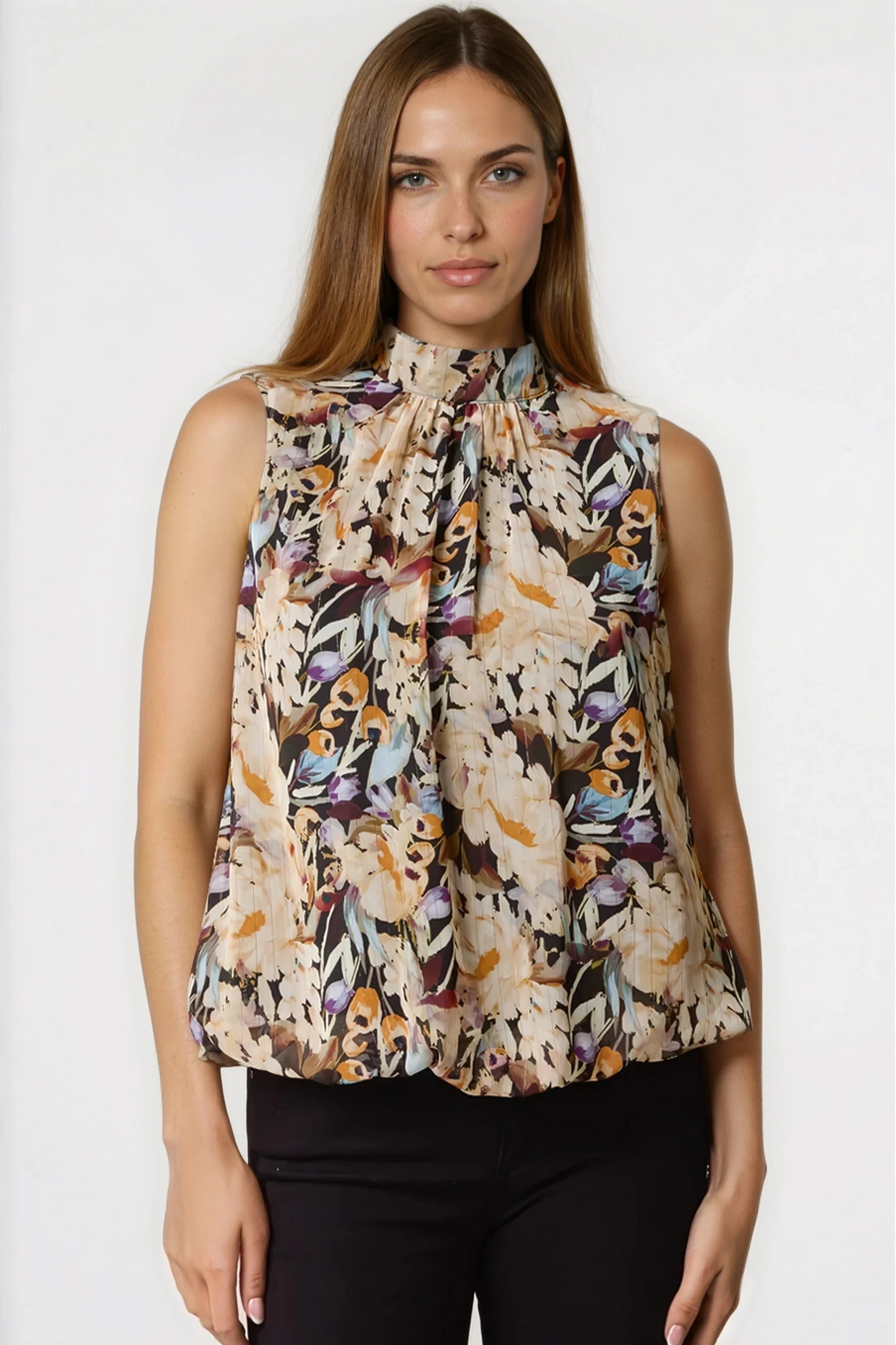 Black Floral High Neck Puffball Top ALNL269438003