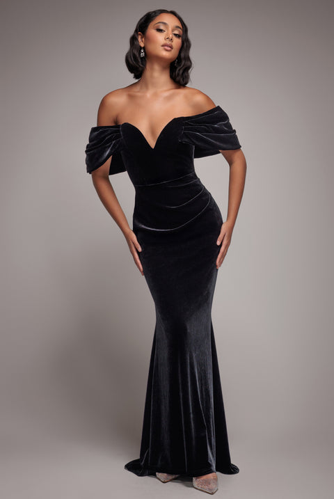 Off The Shoulder Deep Plunge Velvet Maxi Dress - Black by Goddiva