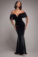 Off The Shoulder Deep Plunge Velvet Maxi Dress - Black by Goddiva