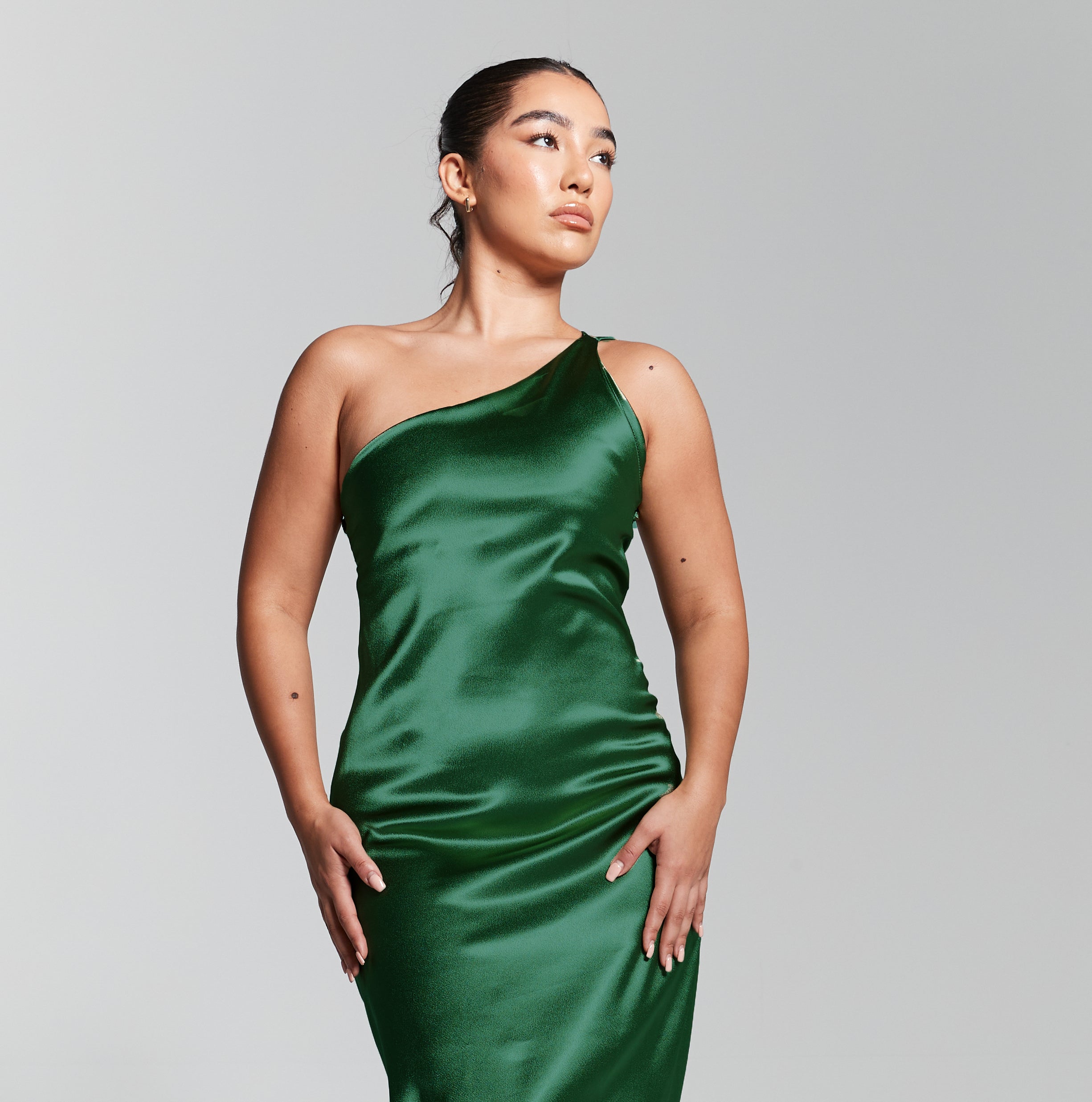 Emerald Green One Shoulder Silky Maxi Dress INF20278