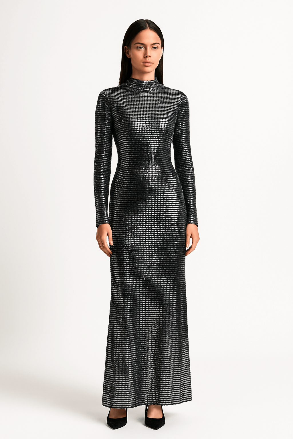 Metallic Sequin Full-Length Silhouette Fit Maxi Dress AV-IMD2607BLK