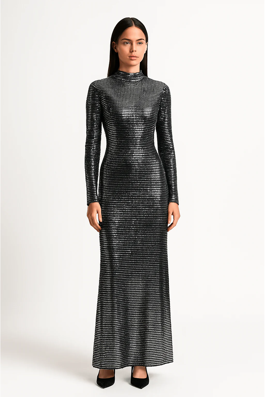 Metallic Sequin Full-Length Silhouette Fit Maxi Dress AV-IMD2607BLK