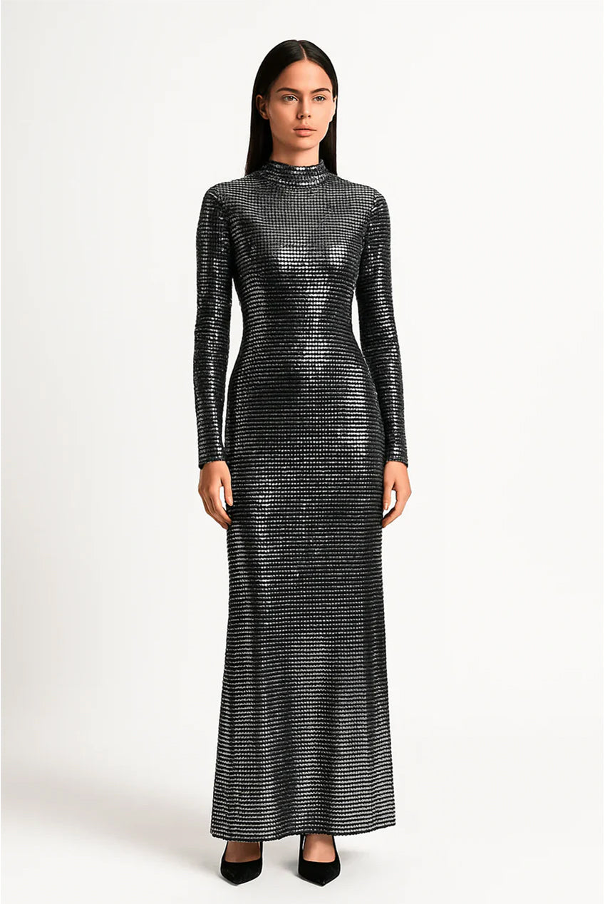 Metallic Sequin Full-Length Silhouette Fit Maxi Dress AV-IMD2607BLK