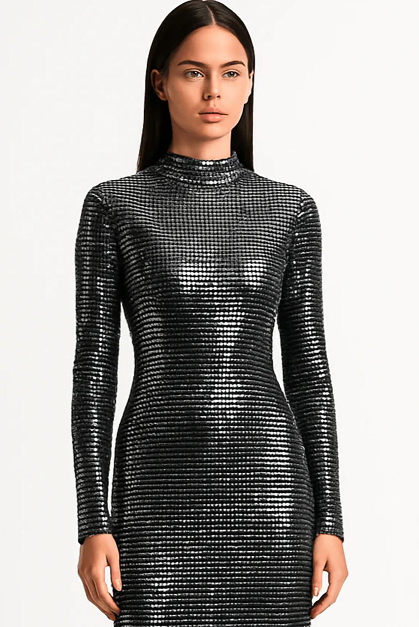 Metallic Sequin Full-Length Silhouette Fit Maxi Dress AV-IMD2607BLK