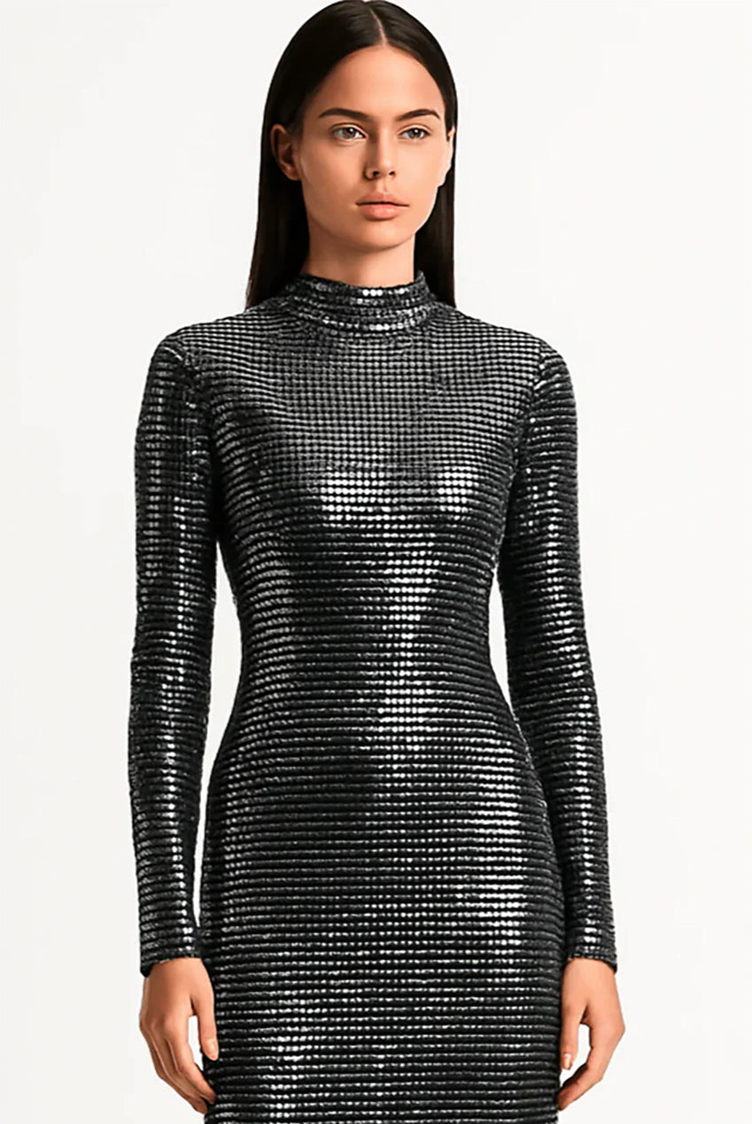 Metallic Sequin Full-Length Silhouette Fit Maxi Dress AV-IMD2607BLK