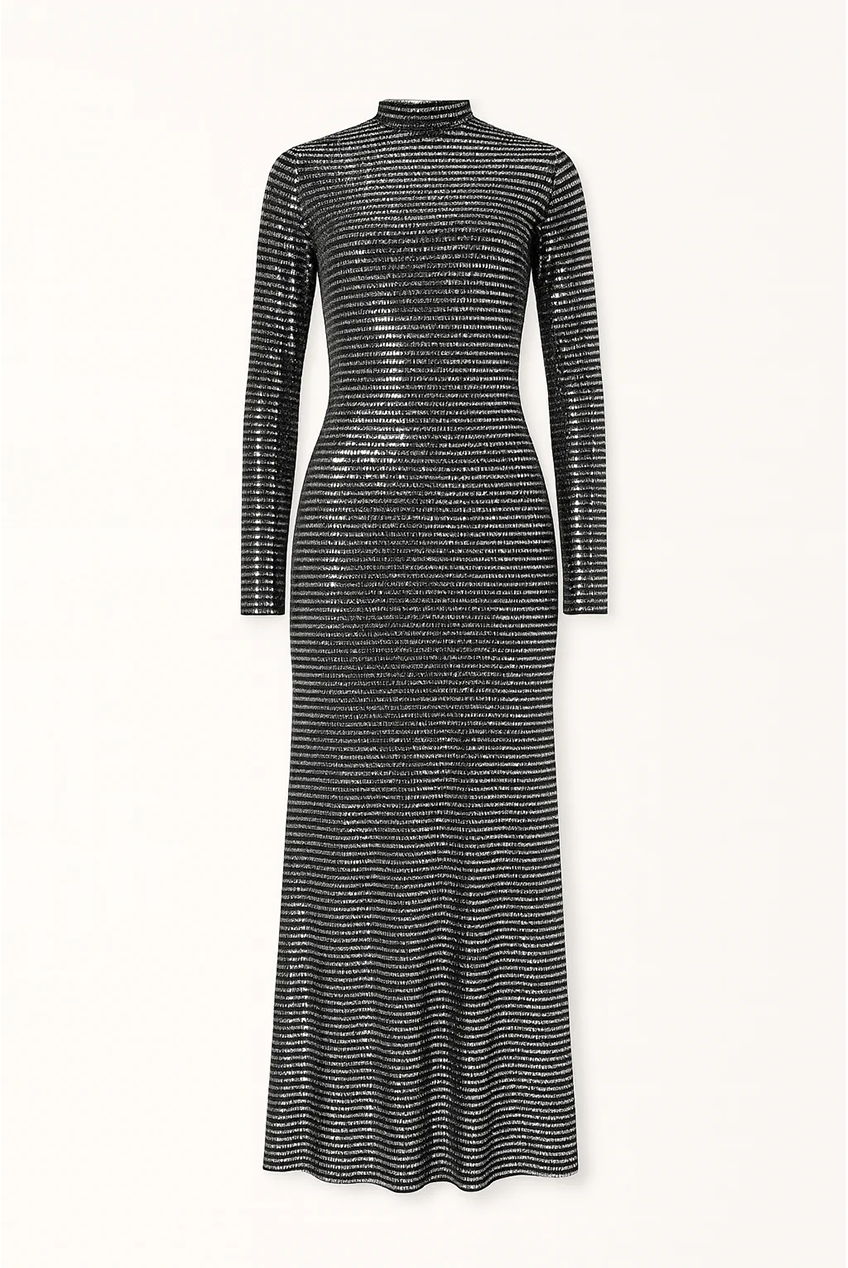 Metallic Sequin Full-Length Silhouette Fit Maxi Dress AV-IMD2607BLK