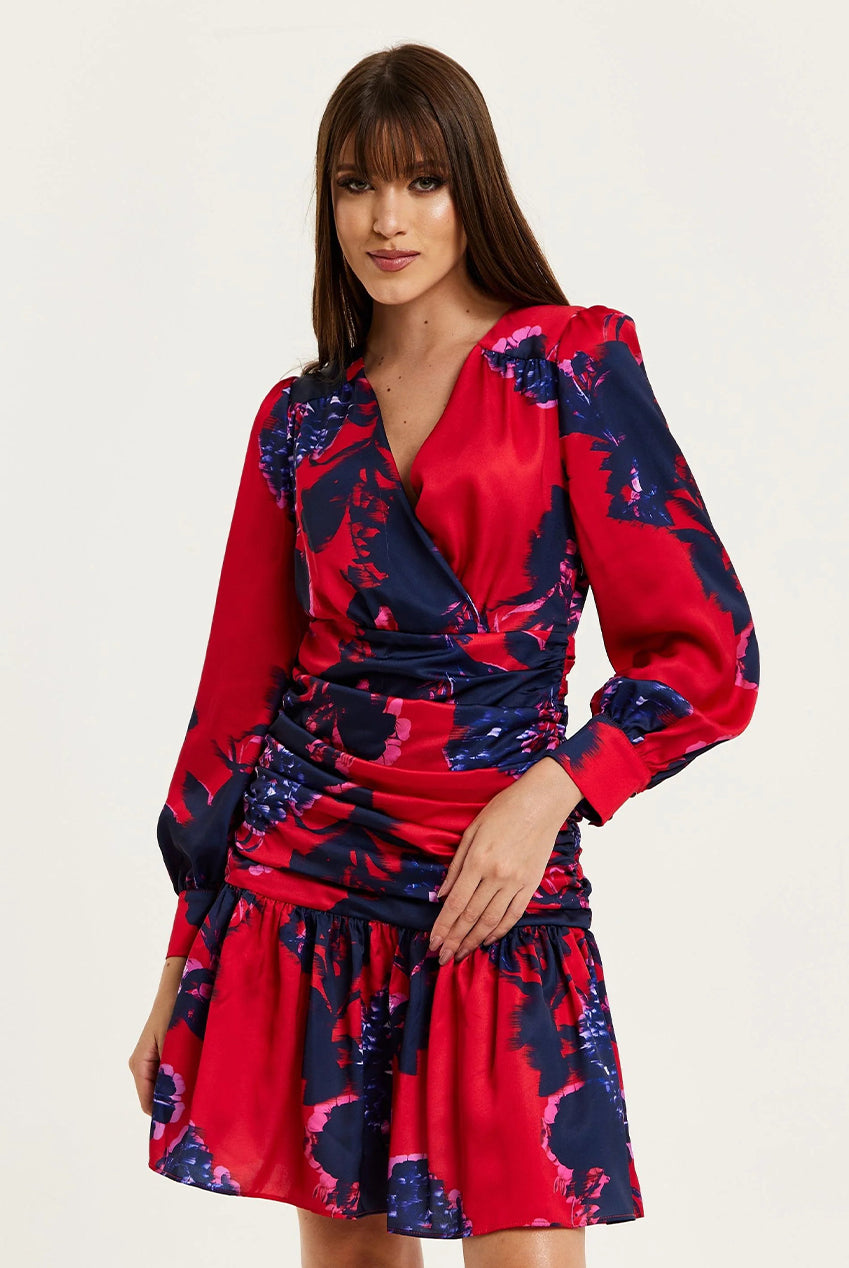 Floral Print Red Mini Dress With Long Sleeves G21-LIQ23AW011