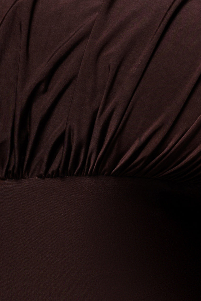Open Back Cowl Neck Gathered Maxi Dress With Velvet Tie Back - Brown DR4856