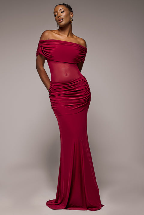 Gathered Off The Shoulder Mesh Waist Panel Maxi Dress - Wine by Goddiva