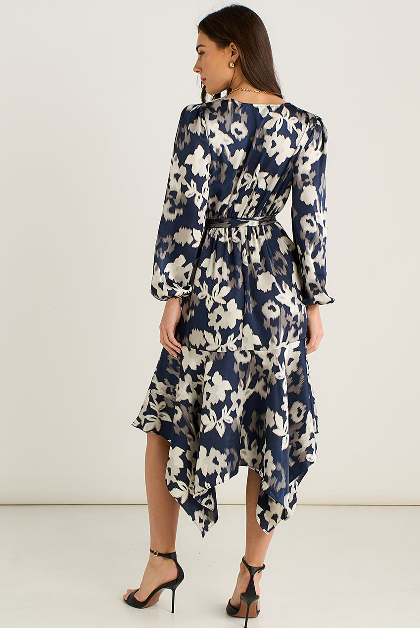 Navy Asymmetric Hem Wrap Midi Dress GL1077007