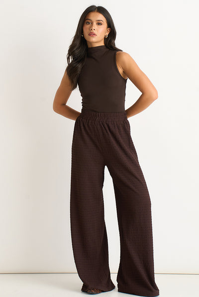 Chocolate - Chocolate Textured Elastic Waist Pull On Trousers by Gini London