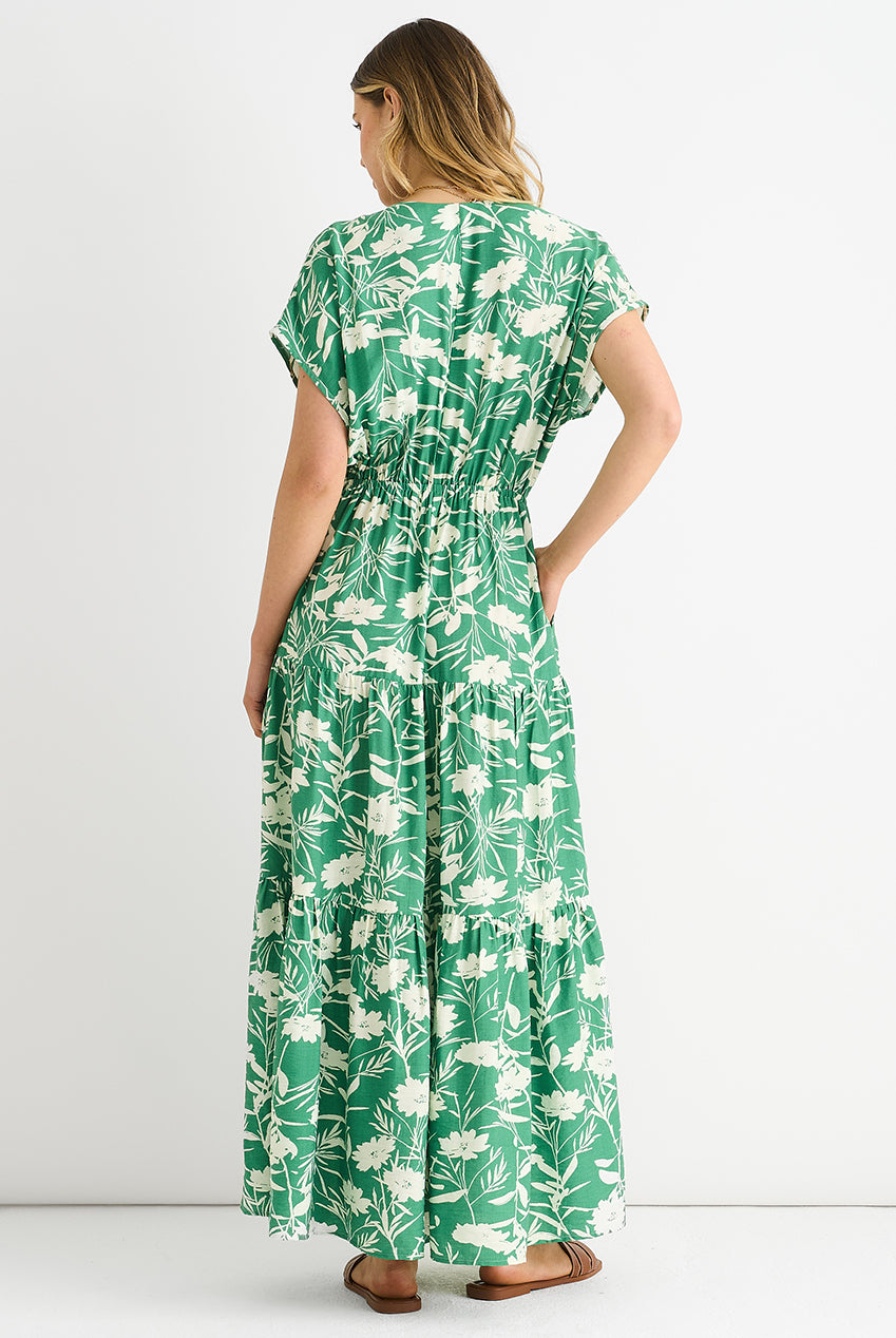 Green Floral Elastic Waist Maxi Dress GL1245