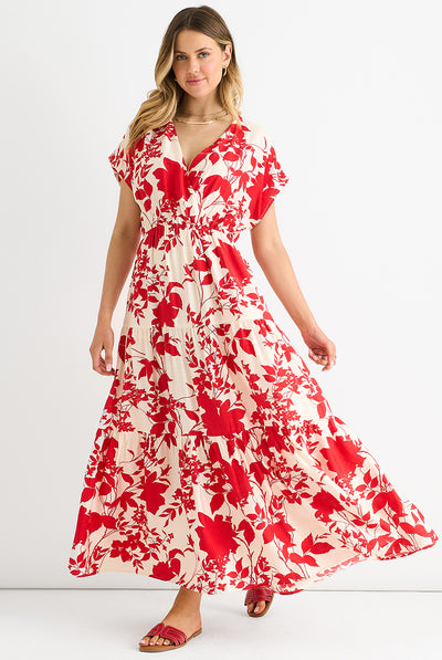 Red Floral Elastic Waist Maxi Dress by Gini London