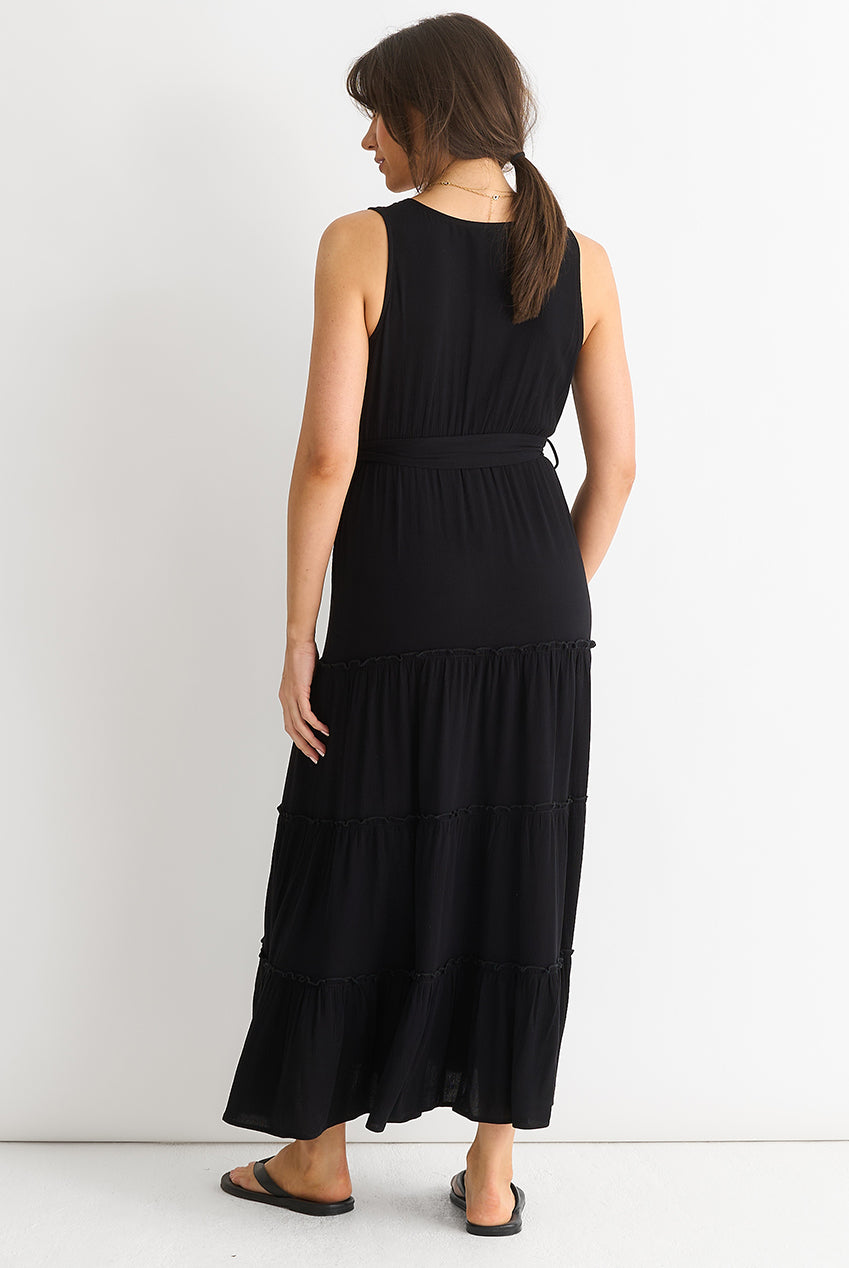 Black Viscose Wrap Tiered Maxi Dress GL1247