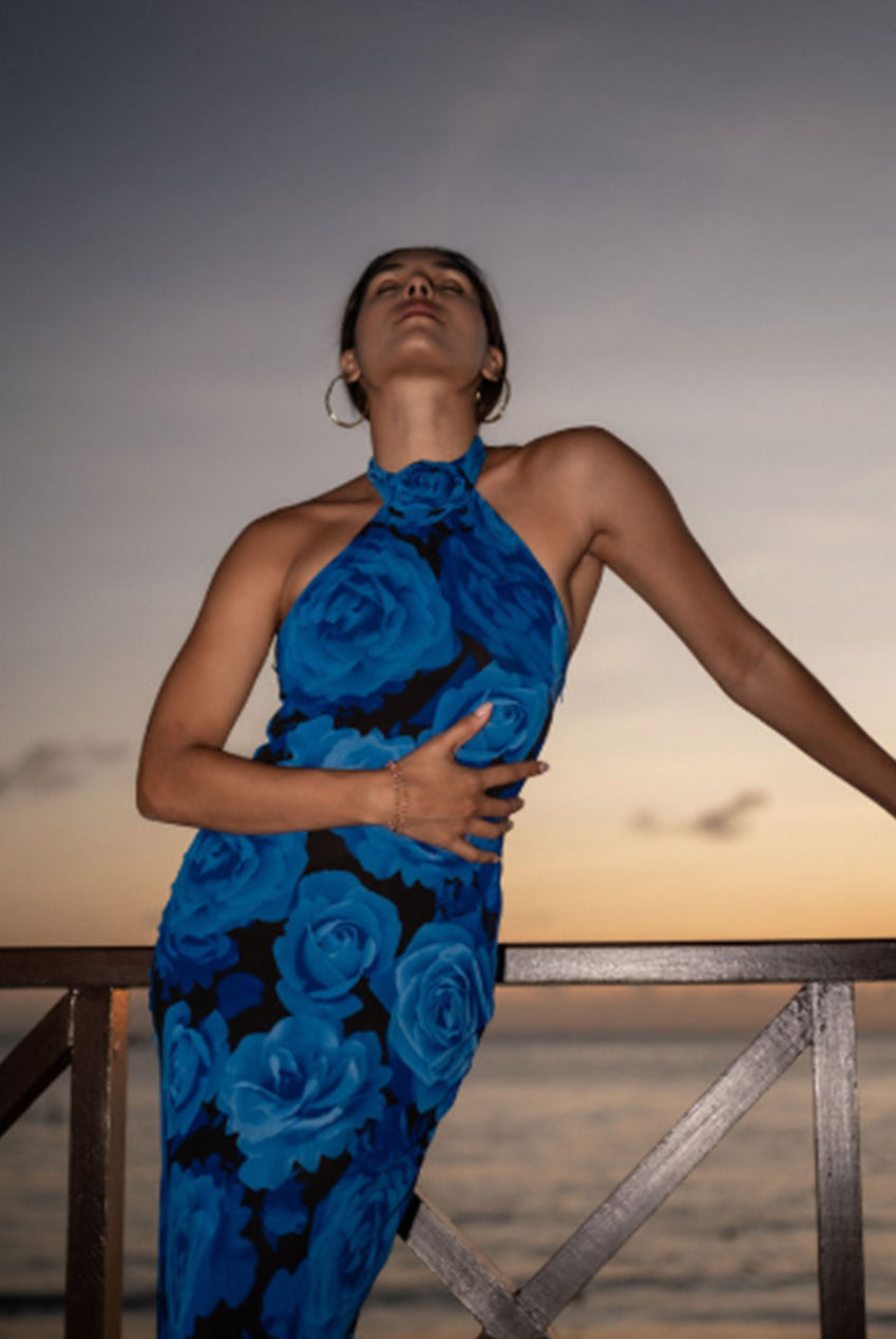 Blue Floral Occasion Halter Maxi Dress GL1248