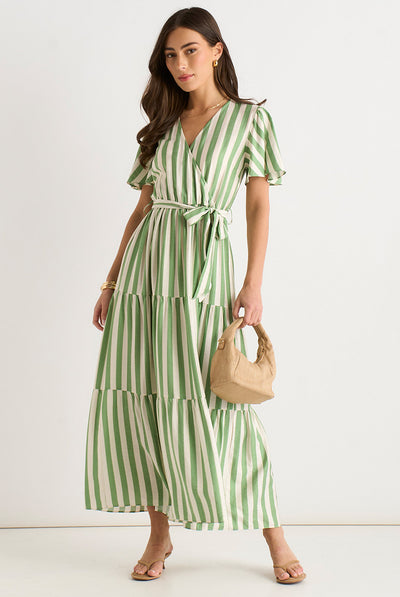 Sage Green - Sage Green Stripe Wrap Belted Viscose Midi Dress by Gini London