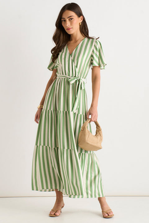Sage Green Stripe Wrap Belted Viscose Midi Dress by Gini London