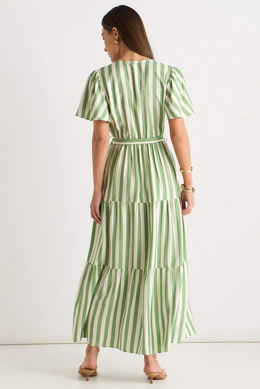 Sage Green Stripe Wrap Belted Viscose Midi Dress GL1252N