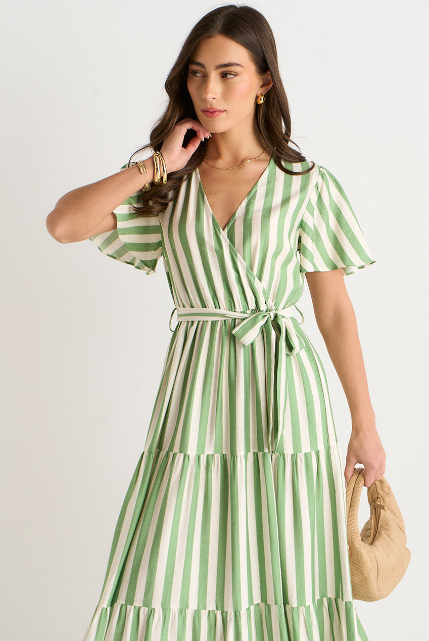 Sage Green Stripe Wrap Belted Viscose Midi Dress GL1252N