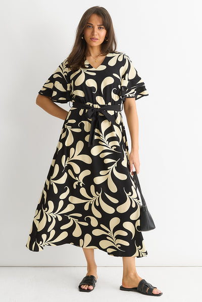Black - Floral V Neck Elasticated Waist Midi Dress by Gini London