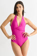 Dark Pink Twist Overlay Halter Tie Swimsuit by Gini London
