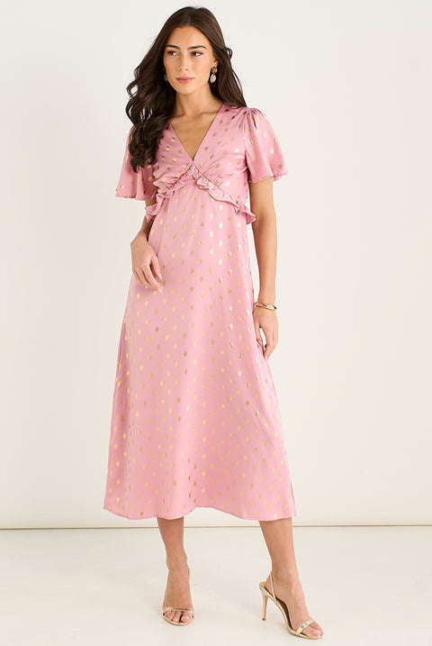 Blush Metallic Foil V Neck Midi Dress by Gini London