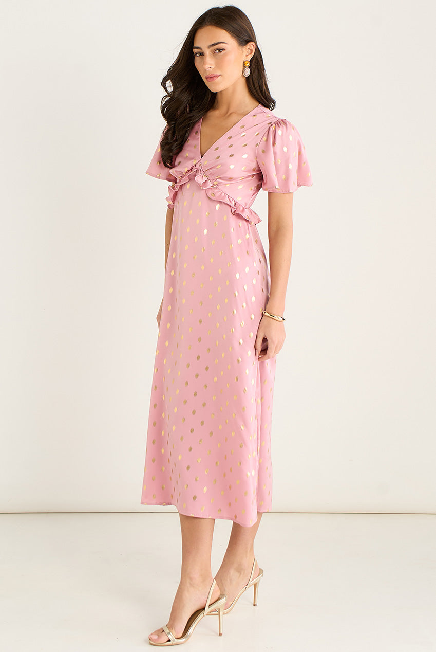 pink metallic midi dress Blush Metallic Foil V Neck Midi Dress