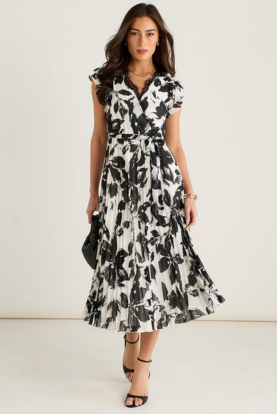 Mono Print - Lace Trim Mono Pleated Wrap Midi Dress by Gini London