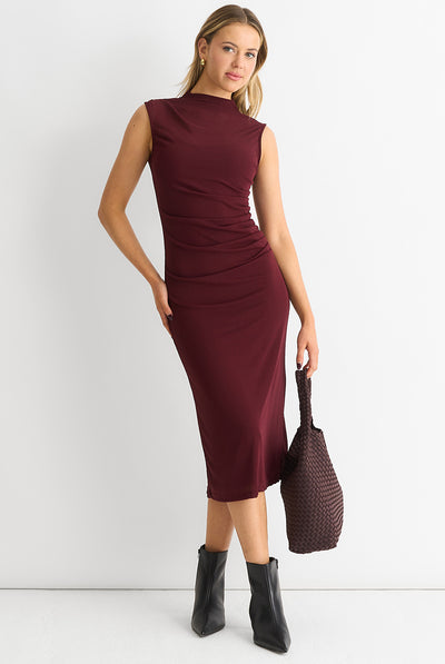 Burgundy - Plain Ruched Jersey Midi Dress by Gini London