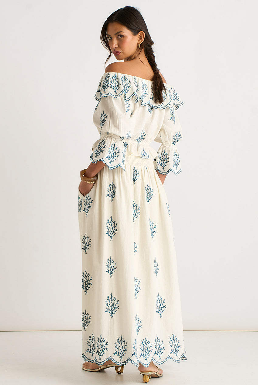 Marshmallow Cotton Embroidered Skater Maxi Skirt GL1347