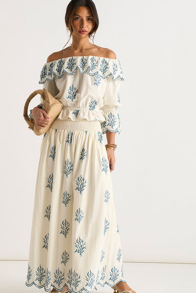 Off White - Marshmallow Cotton Embroidered Skater Maxi Skirt by Gini London